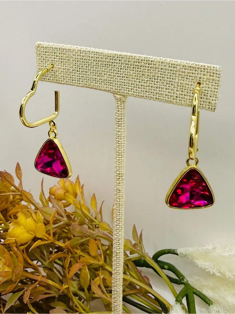Fuchsia Trillion-Cut Crystal Heart Hoop Drop Earrings
